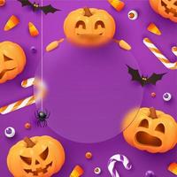 halloween baner med godis, spindlar, fladdermöss och pumpor på violett bakgrund. glasmorfism effekt. halloween baner mall med domkraft o lykta pumpor vektor