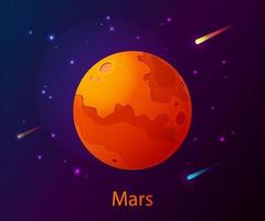3D Mars oder realistischer roter Planet im dunklen Raum mit Sternen und Kometen. Planet des Sonnensystems. Raumdekoration Design. Raumhintergrundillustrationsfläche des Karikaturplaneten mit Kratern.