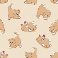 katter sömlösa mönster. roliga tecknade kattungar i olika poser på beige färgbakgrund. vektor handritad illustration i platt stil, pastellpalett för utskrift av textilier, inslagning
