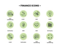 finansiera. vektor illustration uppsättning av ikoner skuld, skuld omstrukturering, konkurs, kreditera.