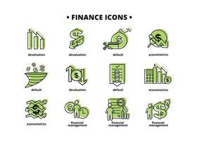 finansiera ikoner uppsättning. vektor illustration av finansiell förvaltning, ekonometri, devalvering, standard. en dollar tecken, Nästa till som är de silhuett av en man, följt förbi ett upp pil.