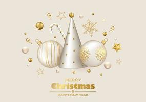 glad jul och Lycklig ny år bakgrund. vit och guld 3d objekt. jul träd, bollar och guld dekor. vektor