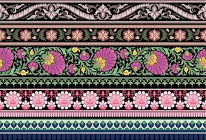 uppsättning etnisk sömlös gränser och blomma prydnad, motiv drar arbetssätt illustration blommor och prydnad motiv Indien design element urringning mönster eller, upprepa de blommig textur vektor