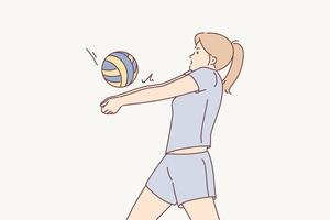 motiviert weiblich Athlet abspielen Volleyball. Frau im Uniform genießen sportlich Aktivität mit Ball. Hobby und Freizeit. Vektor Illustration.