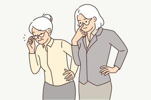 två äldre kvinnor i företag kläder försiktigt se till sida tittar på arbete av ung anställda. äldre gråhårig kvinnor justerar glasögon i främre av ögon, de är nyfiken efter seende ovanlig objekt vektor