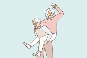 optimistisch älter Paar haben Spaß genießen Reife zusammen. lächelnd Senior Frau huckepack aufgeregt Mann entspannen auf Pensionierung oder die Pension. Vektor Illustration.