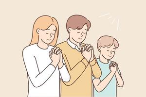 religiös Familie mit Sohn beten zu Gott. abergläubisch Eltern mit Kind behalten Hände im Gebet im Kirche. Vertrauen und Religion. Vektor Illustration.