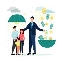 Finanzen. Vektor Illustration von Vertrauen, Treuhänder Dienstleistungen. ein Mann Idioten ein Regenschirm im einer Hand, unter welche Menschen, im das andere Hand das Regenschirm ist gedreht runter, Rechnungen und Münzen sind gegossen in ihm