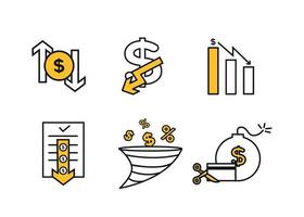 finansiera ikoner uppsättning. vektor illustration av devalvering, standard. de dollar ikon på som de ner pil. dollar ikon i en runda ram, på de sidor av som där är upp och ner pilar.