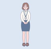 en kvinnlig kontorsarbetare står med en kortnyckel runt halsen. handritade stilvektordesignillustrationer. vektor