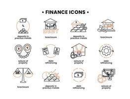 Finanzen. Vektor Illustration einstellen von Symbole Krampfanfall von Eigentum, Zwangsvollstreckung, Schuld Refinanzierung, Einlagen im kostbar Metalle