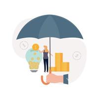 försäkring. våga huvudstad. illustration en hand innehar ett paraply under som stackar av mynt, en kvinna kastar en mynt in i en ljus Glödlampa, på de bakgrund av dollar tecken vektor