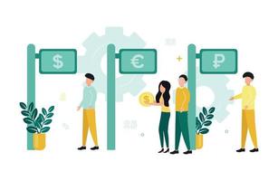 Finanzen. International Währung Austausch. Männer und ein Frau mit ein Münze im ihr Hände sind Stehen in der Nähe von das Anzeigetafel mit Währung Zeichen. Vektor Illustration