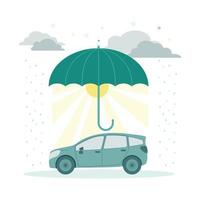 finansiera. vektor illustration försäkring. paraply över de bil, Sol under de paraply, runt om de moln, regn