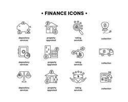 Finanzen. Vektor Illustration einstellen von Symbole Verwahrstelle Dienstleistungen, Eigentum Würdigung, Bewertung Dienstleistungen, Sammlung.