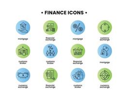 Finanzen Symbole Satz. Vektor Illustration von Zoll Makler, Hypothek, finanziell Austausch, Währung Austausch Symbole