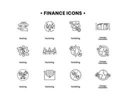 Vektor Finanzen Illustration. Forfaitierung Symbole Satz, Leasing, Factoring, Geld Transfers