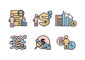 finansiera ikoner uppsättning. vektor illustration av finansiell förvaltning, ekonometri. en dollar tecken, Nästa till som är de silhuett av en man, följt förbi ett upp pil.