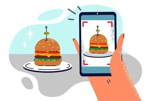 Hand mit Telefon nehmen Foto von Hamburger auf Teller zu Teilen Schnappschuss von Mittagessen auf Sozial Netzwerke. Schießen Hamburger auf Smartphone zum online Werbung oder Hinzufügen Illustration zu Speisekarte vektor