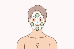 man med ansiktsbehandling mask för slät friska hud. olycklig manlig do ansikte förfaranden sätta gurkor för hydrering. skönhet och hudvård. vektor illustration.