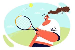 Frau mit Tennis Schläger und Ball ist vorbereiten zum wichtig Wettbewerb durch Ausbildung zu abstoßen Gegner Anschläge. Mädchen geht im zum Tennis zu pflegen schlank Körper und führen gesund Lebensstil vektor