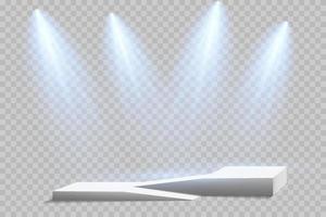 piedestal eller plattform är upplyst förbi spotlights på transparent bakgrund. scen med pittoresk lampor. vektor