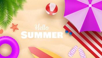 Hej sommar bakgrund med färgrik paraply, strand boll, och livboj i de sand hav Strand för sommar säsong. vektor illustration.
