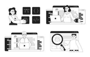 Netz Entwicklung Prozess schwarz und Weiß Konzept Vektor Stelle Abbildungen Pack. editierbar 2d eben einfarbig Karikatur Zeichen zum Netz Design. kreativ Linie Kunst Ideen einstellen zum Webseite, Handy, Mobiltelefon, Blog