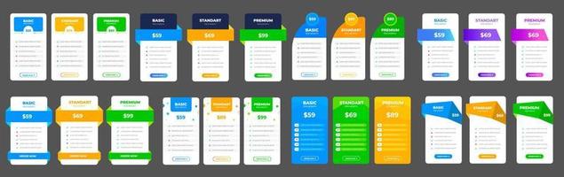 ui ux prissättning design tabeller med taxor, prenumeration funktioner checklista och företag planer uppsättning. prissättning planer tabell prissättning Diagram pris lista för webb eller app. produkt jämförelse företag webb planer. vektor