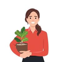 jung Frau im gemütlich Zimmer hält Topf mit ein Pflanze im ihr Hände. Konzept von wachsend und Pflege Haus Pflanzen. Gärtner nimmt Pflege von das Zuhause Garten vektor