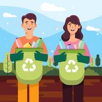 Mann und Frau sammeln Müll, um die Erde zu retten vektor
