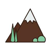 Reise. Berg und Pflanze Symbol. Vektor Illustration von ein farbig Berg mit Schnee auf Spitze, Gebüsch, Bäume.