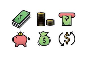 Geld Symbole. Dollar, Rechnung, Münze, Geld, Geld Tasche, vektor