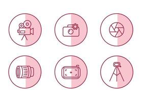 fotograf ikon uppsättning med rosa bakgrund. fotograf Utrustning ikoner. videokamera, kamera, slutare, lins, fokus, stativ. vektor