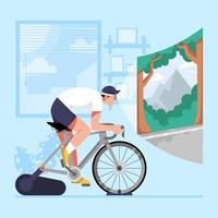 Radfahren zu Hause mit Virtual-Reality-Brille vektor