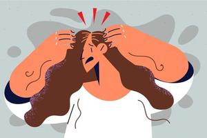 olycklig kvinna bedrövad med hår förlust behöver behandling. ohälsosam flicka betonade med hår problem, lida från skallighet eller alopeci. vektor illustration.