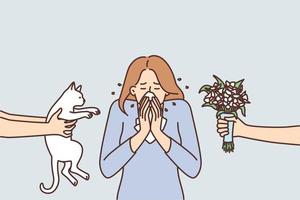 kvinna nyser eller upplevelser reum beläggning näsa med vävnad på grund av till allergisk reaktion till katt eller blommor. sjuk flicka behov medicin den där skyddar mot allergier till husdjur och växter vektor