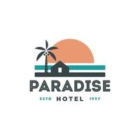 Strand Meer und Sonne Jahrgang Logo Illustration. und Haus mit Palme Baum Logo Vektor, tropisch Strand Zuhause oder Hotel Symbol Design Illustration vektor