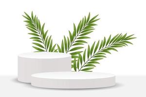 Weiß Podium mit Palme Blätter auf ein Weiß Hintergrund. 3d Sockel, 3d Illustration, Vektor