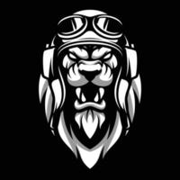 Löwe Pilot schwarz und Weiß Maskottchen Design vektor