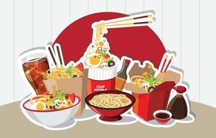 chinesisches Essen, japanische Ramen in einer Schüssel, Nudelsuppe, Take Away Box, Vektorillustration vektor