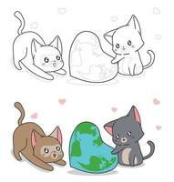 söt katt och hjärtformad världskarta tecknad målarbok för barn vektor
