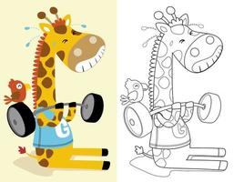 Färbung Buch oder Seite von komisch Giraffe Karikatur Heben schwer Hantel mit wenig Vogel vektor