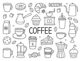 Kaffee Zeit Gekritzel Satz. Teekannen, Tassen, Türke und Süßigkeiten im skizzieren Stil. Vektor Illustration isoliert auf Weiß Hintergrund.