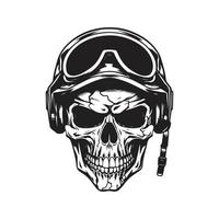 Schädel mit Militär- Helm, Logo Konzept schwarz und Weiß Farbe, Hand gezeichnet Illustration vektor