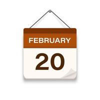 Februar 20, Kalender Symbol mit Schatten. Tag, Monat. Treffen geplanter Termin Zeit. Veranstaltung Zeitplan Datum. eben Vektor Illustration.
