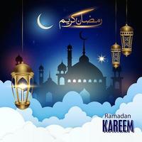 Ramadan kareem Hintergrund. mit Arabisch Kalligraphie, Moschee Silhouette und Laterne Hintergrund, zum islamisch Gruß Karte und Poster. vektor