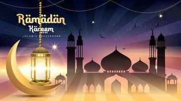 Ramadan kareem Hintergrund. mit Moschee Silhouette und Laterne Hintergrund, zum islamisch Gruß Karte und Poster. vektor