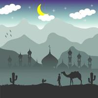 illustration av ramadan tema landskap design med islamic nyanser. illustration av öken- landskap, moskéer och kameler arab nyanser vektor