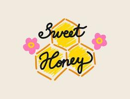 ljuv honung enkel märka design med honung kammar och blommor. hand text. vektor illustration.